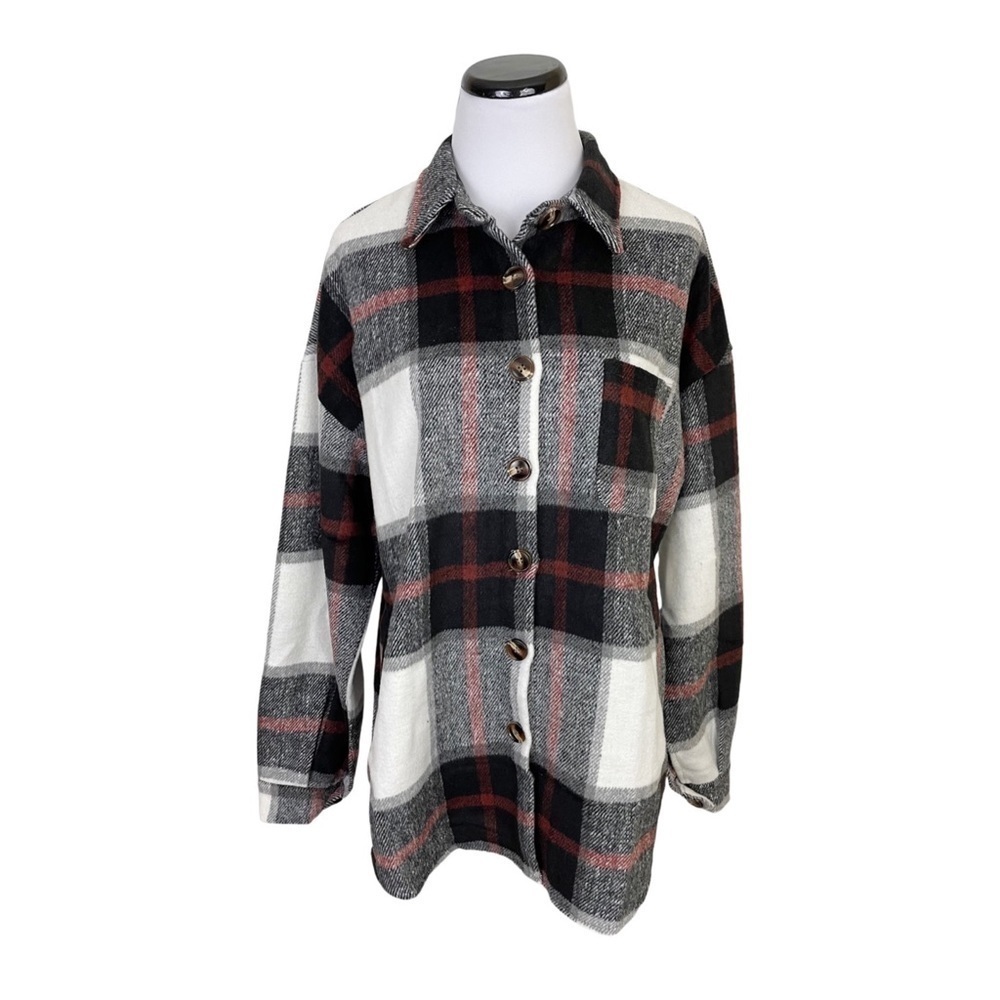 Womens Plaid Button Front Shirt Jacket Shacket Black White Red Size Large